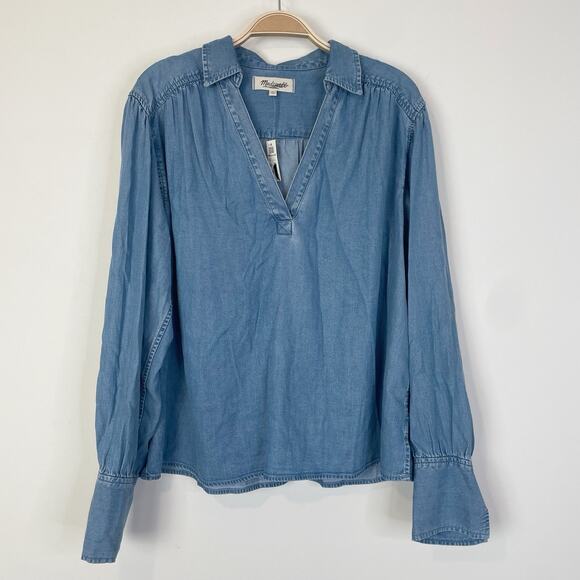 Madewell Chambray Easy Y-Neck Button-Up Shirt in Ritch Wash NS351 Casual Work - Picture 2 of 10